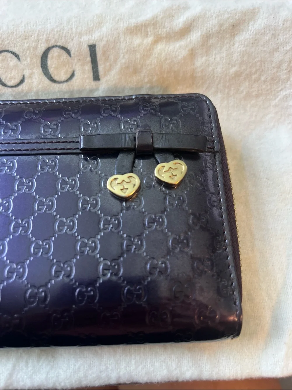 Gucci Purple Patent Leather Continental Zip Wallet with Gold Heart Pulls